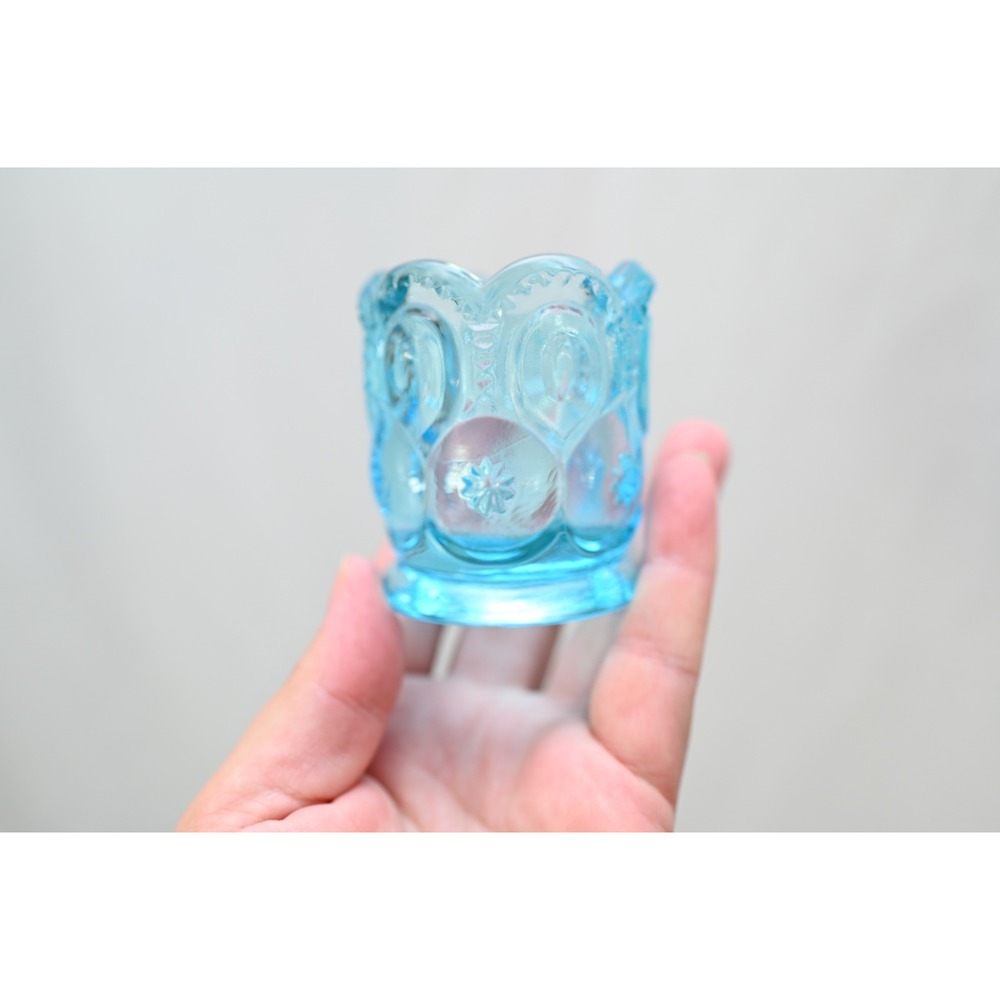 Vintage LE Smith Moon and Stars Blue Glass Toothpick Holder Scalloped Glass 2.5"